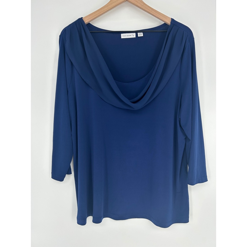 Susan Graver Liquid Knit 3/4 Sleeve Top with Draped Chiffon Collar Blue- Size XL
